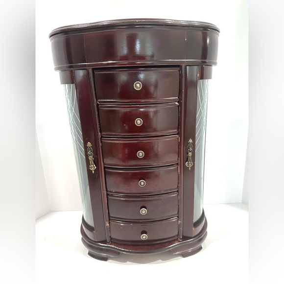 Vintage Dark Wooden 6 Drawer Etched Glass Door Mirrored Standing Jewelry Box 16”